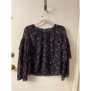 Madewell Ruffle Sleeve Climbing Vine BlueOrange Floral Blouse M Boho Cottagecore
